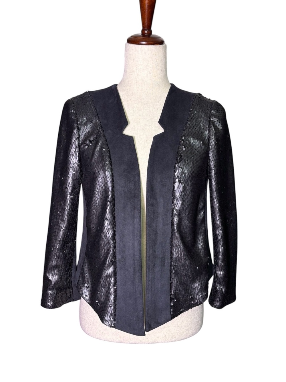 Anthropologie Black Sequin Open Front Blazer Jacket Faux Suede Party XS